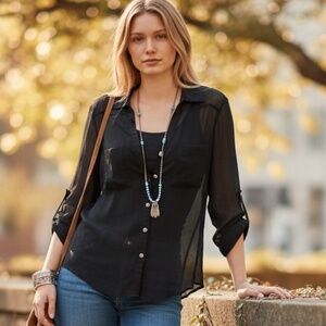 Vintage VANITY Black Sheer Button Down Long Sleeve Blouse L Y2K Whimsigoth Boho